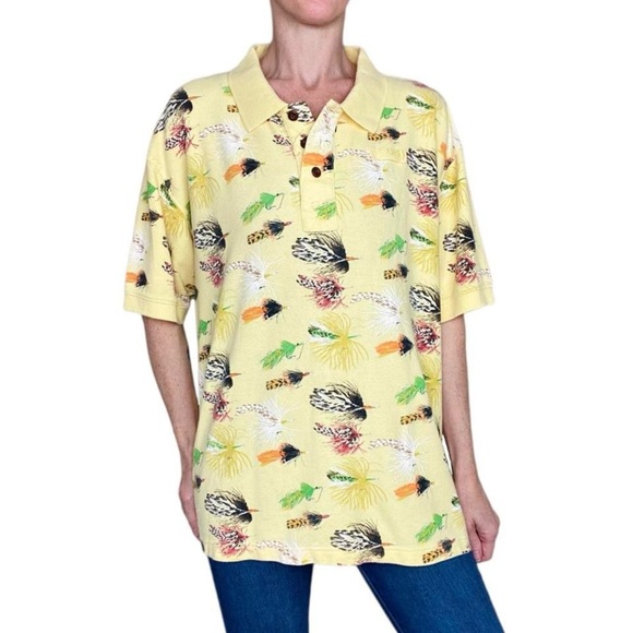 Vintage Orvis Men’s Yellow Fishing Lures Printed Hi-Low Polo Shirt - Picture 1 of 7